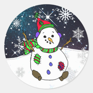 Whimsical Hand drawn Snowman on a Starry Night Classic Round Sticker