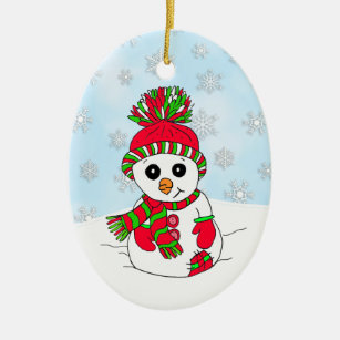 Whimsical Hand drawn Snowman  Snowy Day Christmas Ceramic Ornament