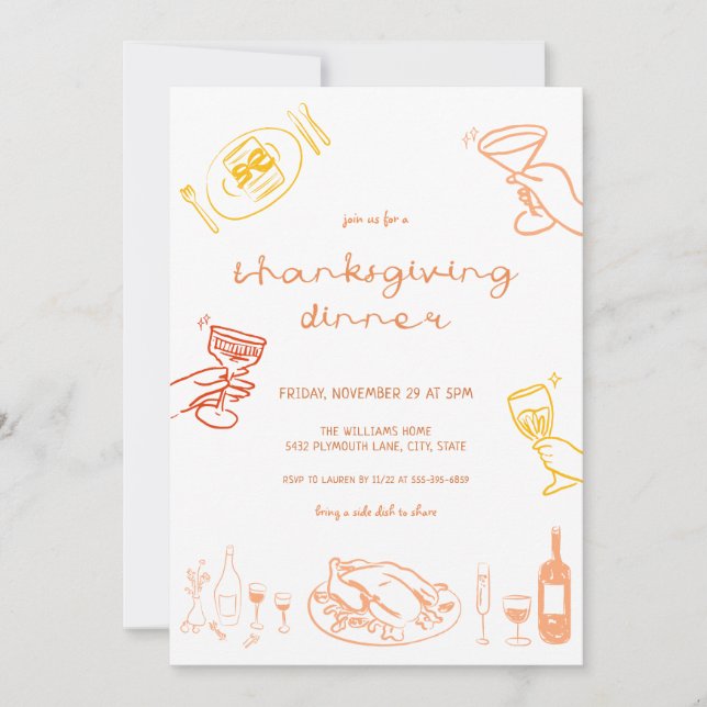 Whimsical Hand Drawn Thanksgiving Dinner Invite  (Front)
