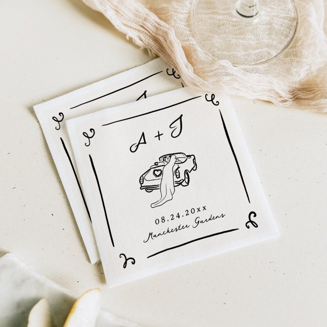 Whimsical Hand Drawn Vintage Car Wedding Napkin (Creator Uploaded)