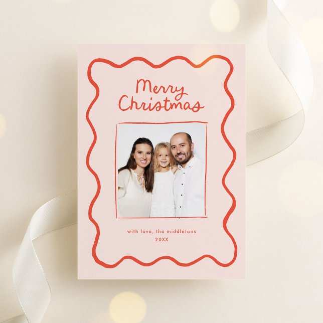 Whimsical Hand Drawn Wavy Border Christmas Photo Holiday Card (whimsical, quirky Christmas photo card with hand drawn doodle border in orange)