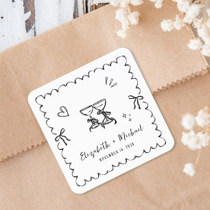 Whimsical Hand Drawn Wavy Frame Wedding Square Sticker