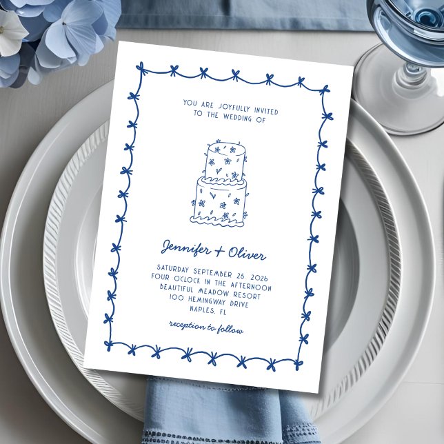 Whimsical Hand Drawn Wedding Cake Blue White Invitation (Creator Uploaded)