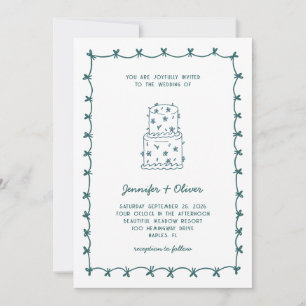 Whimsical Hand Drawn Wedding Cake Teal Invitation