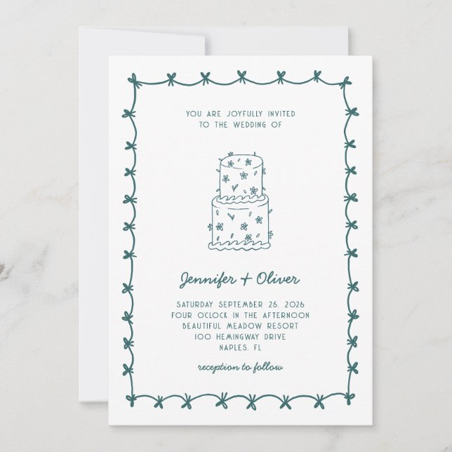 Whimsical Hand Drawn Wedding Cake Teal Invitation (Front)
