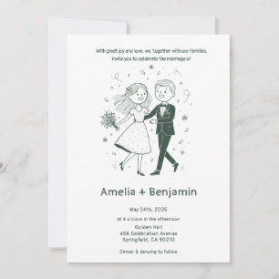 Whimsical Hand Drawn Wedding Couple Wedding Invitation