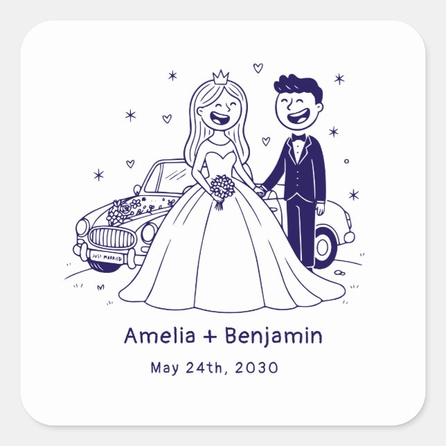 Whimsical Hand Drawn Wedding Couple | Wedding  Square Sticker (Front)