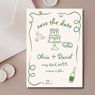 Whimsical Hand Drawn Wedding French Green Save The Date