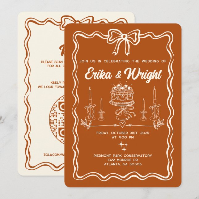 Whimsical Hand Drawn Wedding Invitation Cute Bows (Front/Back)