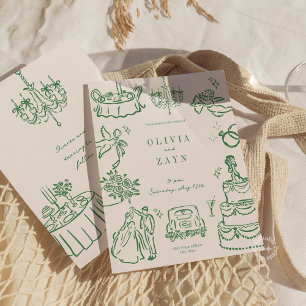 Whimsical Hand Drawn Wedding Invitation Green