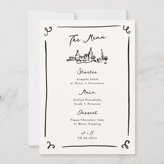 Whimsical Hand Drawn Wedding Menu Invitation (Front)