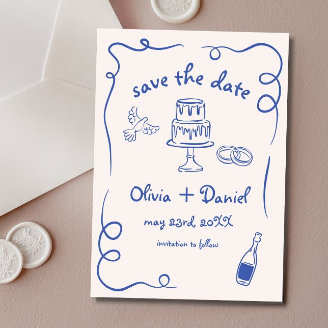 Whimsical Hand Drawn Wedding Navy Blue Save The Date (Creator Uploaded)