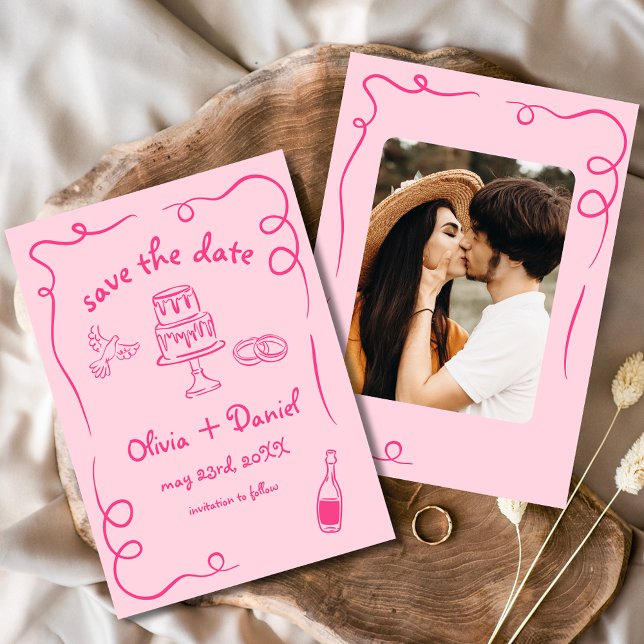Whimsical Hand Drawn Wedding Photo Hot Pink Save The Date (Creator Uploaded)