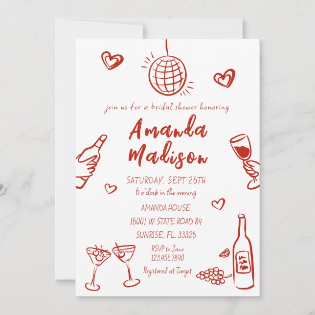 Whimsical Hand Drawn Wine Bridal Shower Invitation (Front)