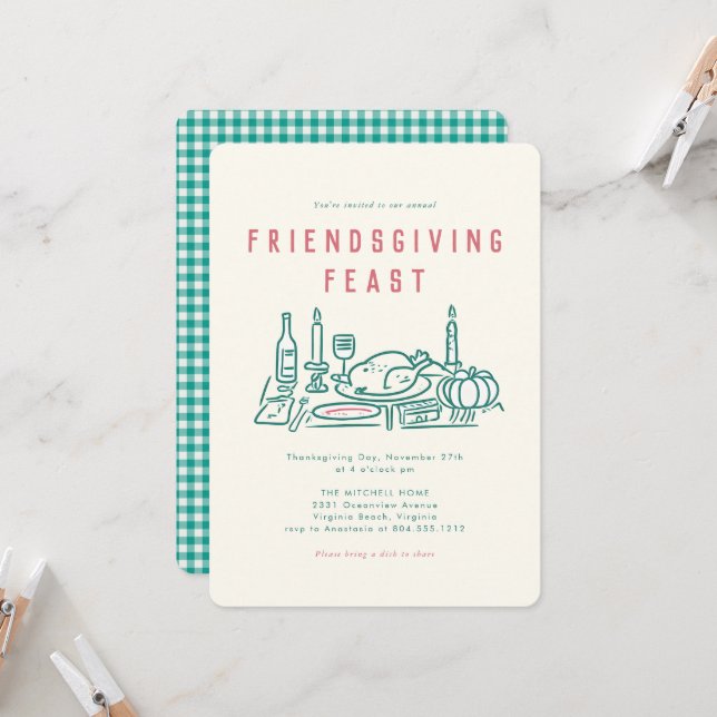 Whimsical Hand Illustrated Friendsgiving Dinner  Invitation (Front/Back In Situ)