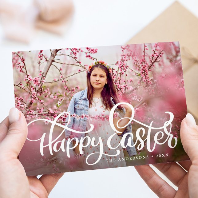 Whimsical Hand-Lettered Script Happy Easter Photo Holiday Card (Creator Uploaded)