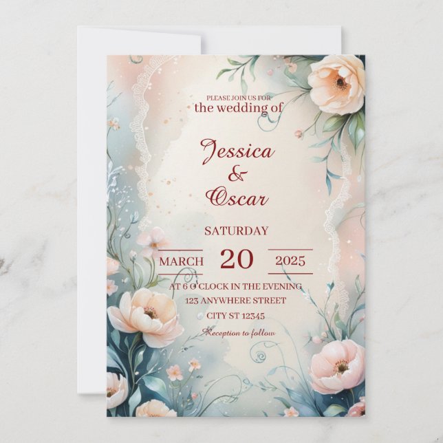 Whimsical Hand-Painted Floral Border Wedding Invitation (Front)