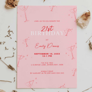 Whimsical Handdrawn martini 21st Birthday Party Invitation