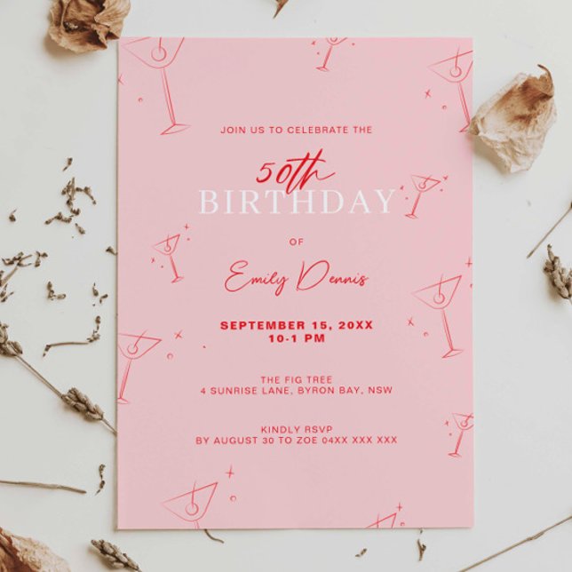 Whimsical Handdrawn martini 50th Birthday Party Invitation (Creator Uploaded)