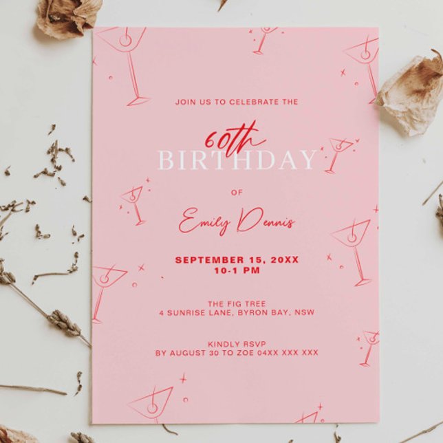 Whimsical Handdrawn martini 60th Birthday Party Invitation (Creator Uploaded)