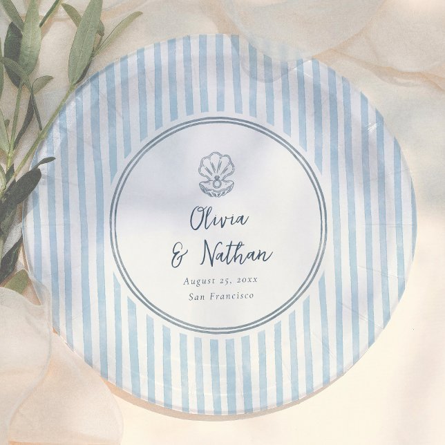 Whimsical Handdrawn Retro Blue Stripes Wedding Paper Plate (Creator Uploaded)