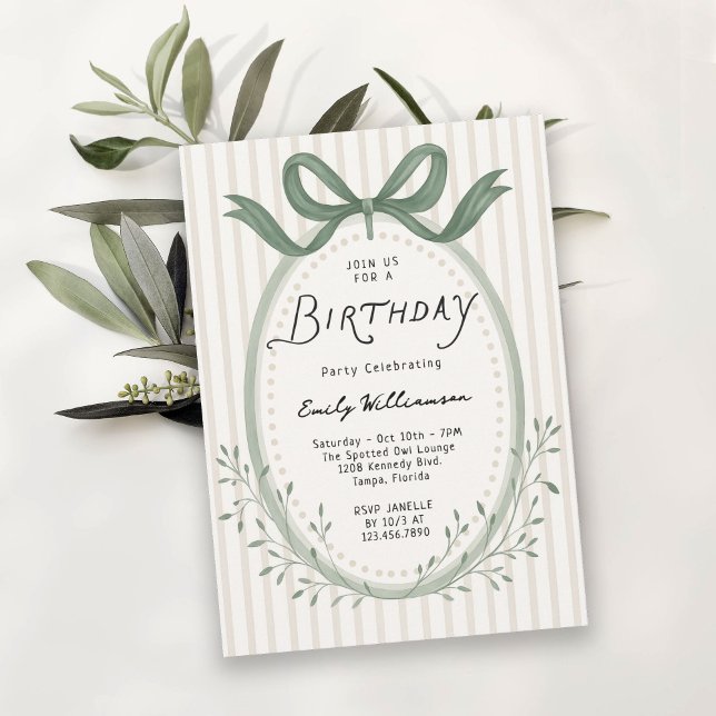 Whimsical Handdrawn Stripes Bow Frame Birthday Invitation (Available in both printed and instant download digital formats.)