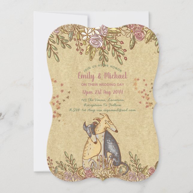 Whimsical Handdrawn Wedding Rustic Dogs Floral Invitation (Front)