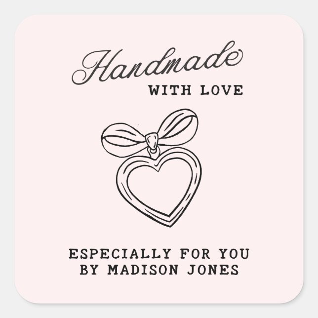 Whimsical Handmade with Love Script Heart Bow Square Sticker (Front)
