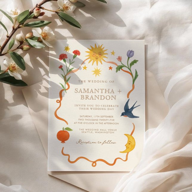 Whimsical handpainted Celestial Folk Wedding  Invitation (Creator Uploaded)