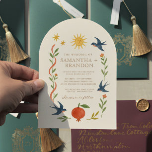 Whimsical handpainted Celestial Folk Wedding   Invitation