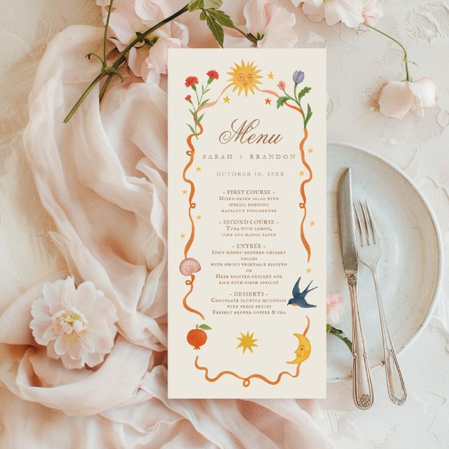 Whimsical handpainted Celestial Folk Wedding  Menu (Creator Uploaded)