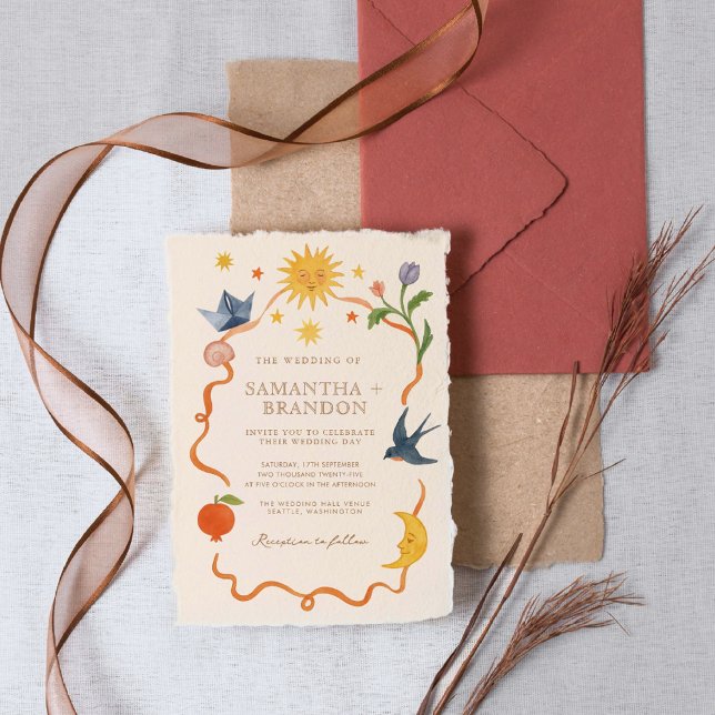 Whimsical handpainted Floral Folk Wedding  Invitation (Creator Uploaded)