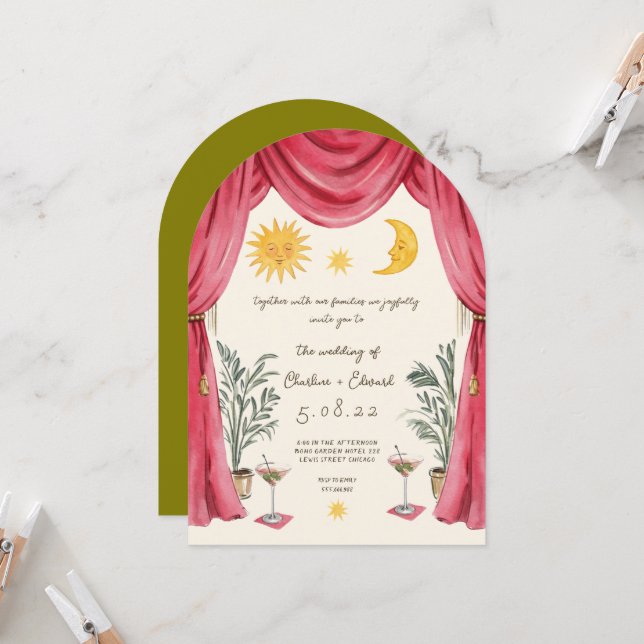 Whimsical Handpainted Sun and Moon Wedding Invitat Invitation (Front/Back In Situ)