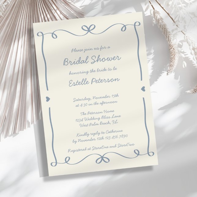 Whimsical Handwritten Dusty Blue Bow Bridal Shower Invitation (Creator Uploaded)