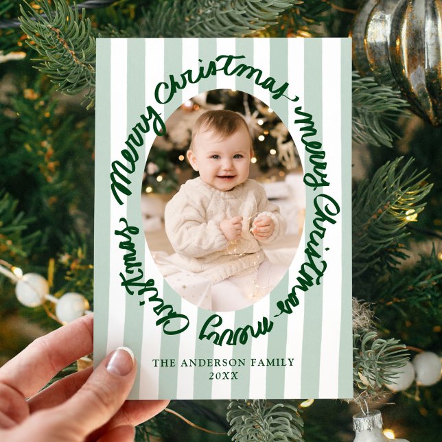 Whimsical Handwritten Merry Christmas Green Photo Holiday Card (Creator Uploaded)