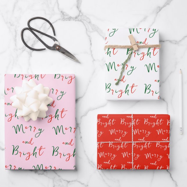Whimsical Handwritten Script Merry and Bright Xmas Wrapping Paper Sheet (Front)