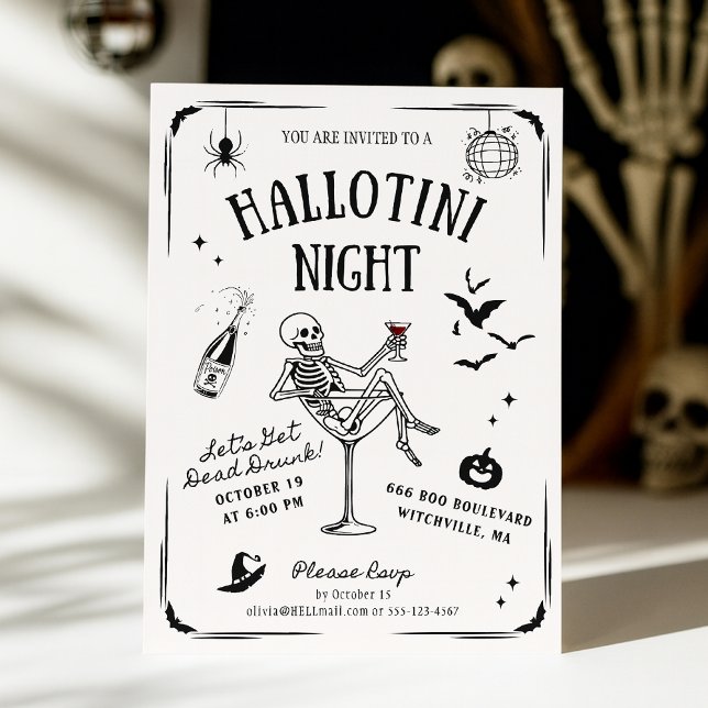 Whimsical Handwritten Skeleton Martini Halloween  Invitation (Creator Uploaded)