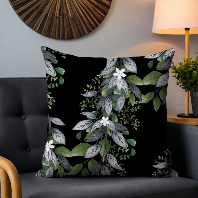Whimsical Hanging Flowers and Leaves Black Cushion (Creator Uploaded)