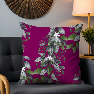 Whimsical Hanging Flowers And Leaves Dark Fuchsia Cushion