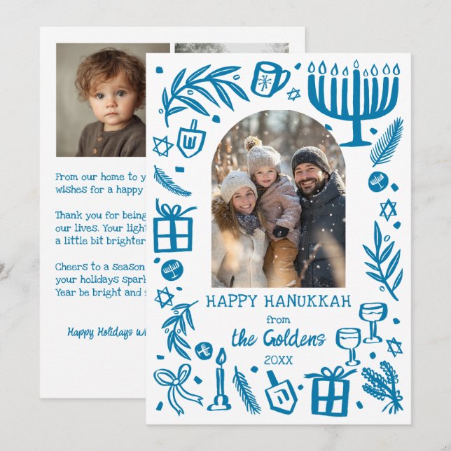 Whimsical Hanukkah Cute Custom Arch 3 PHOTO  Holiday Card (Front/Back)
