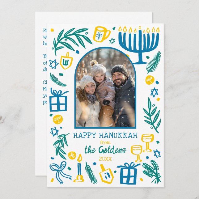 Whimsical Hanukkah Cute Custom Arch PHOTO  Holiday Card (Front/Back)