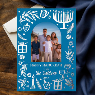 Whimsical HANUKKAH Cute Custom Photo SILVER  Foil Holiday Card