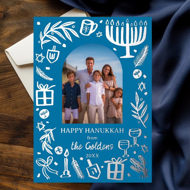 Whimsical HANUKKAH Cute Custom Photo SILVER  Foil Holiday Card (Whimsical HANUKKAH Cute Custom Photo SILVER Foil Holiday Card
)
