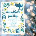 Whimsical Hanukkah Holiday Party Cute Custom Invitation<br><div class="desc">Perfect cute card for a fun holiday party invitation! Hand made art for you! Perfect for a winter, hanukkah, holiday party or other event. FULLY CUSTOMIZABLE! Click on “Personalise” above to edit the text. Click "edit using design tool" to adjust the fonts, colours and placements. (check my shop for alternate...</div>