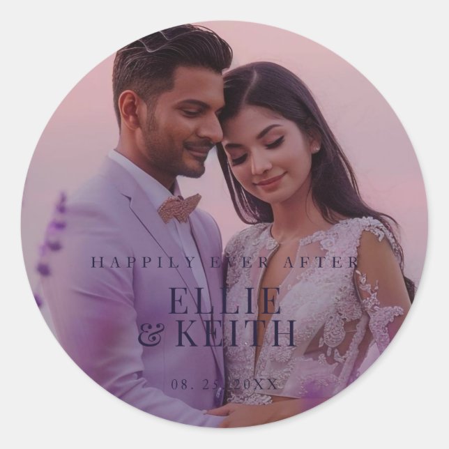 Whimsical Happily Ever After Photo Wedding Classic Round Sticker (Front)