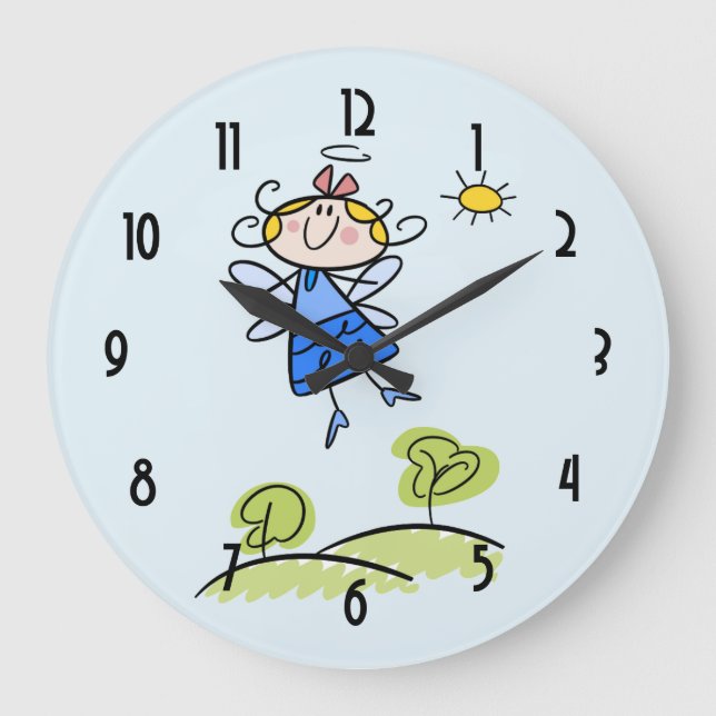 Whimsical Happy Angel Fairy Flying Outside Large Clock (Front)