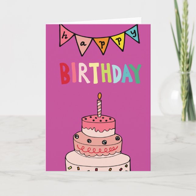 Whimsical Happy Birthday Cake Card (Front)