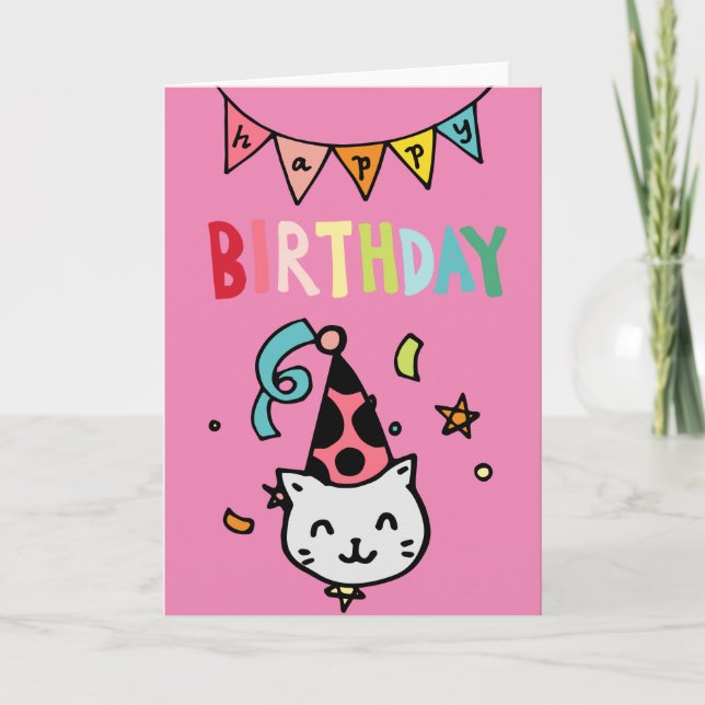 Whimsical Happy Birthday Cat Card (Front)