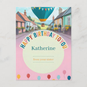 Whimsical Happy Birthday Greeting with Air Balloon Postcard