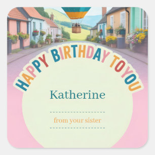 Whimsical Happy Birthday Greeting with Air Balloon Square Sticker